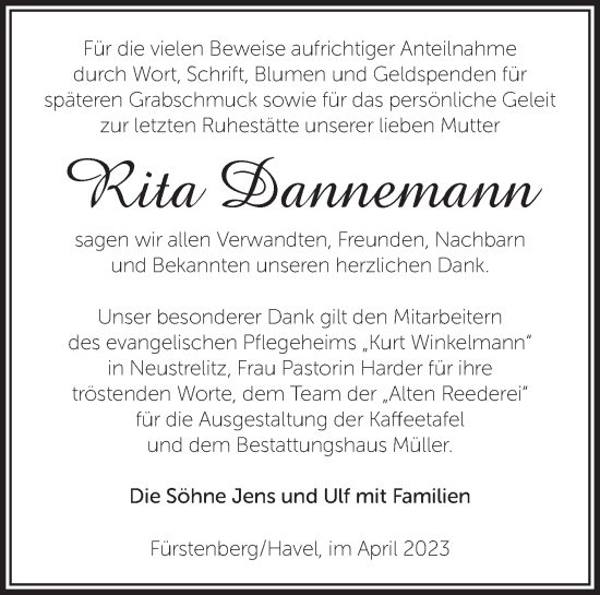 Traueranzeige von Rita Dannemann von Märkische Oderzeitung