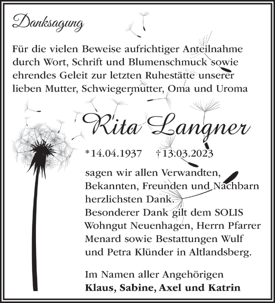 Traueranzeige von Rita Langner von Märkische Oderzeitung