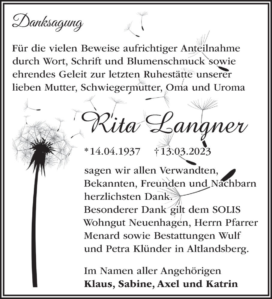  Traueranzeige für Rita Langner vom 15.04.2023 aus Märkische Oderzeitung