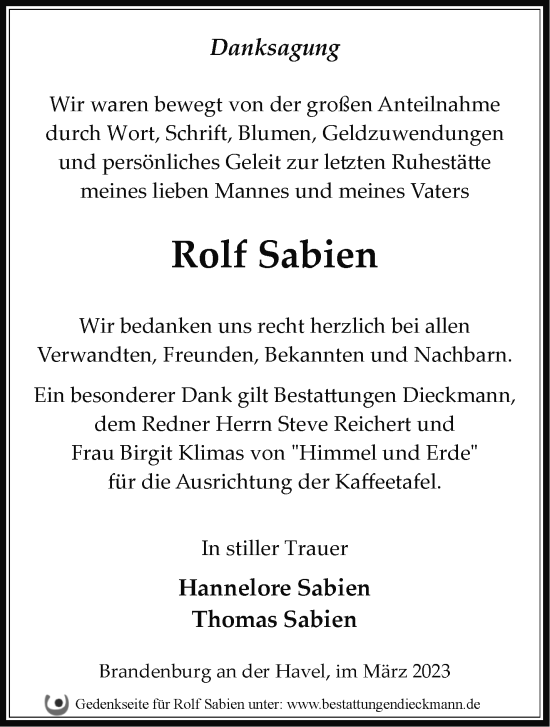 Traueranzeige von Rolf Sabien von Märkische Oderzeitung