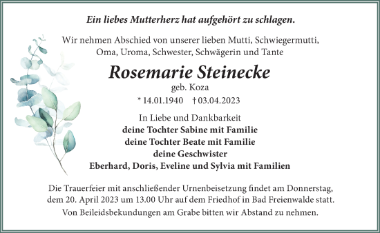 Traueranzeige von Rosemarie Steinecke von Märkische Oderzeitung