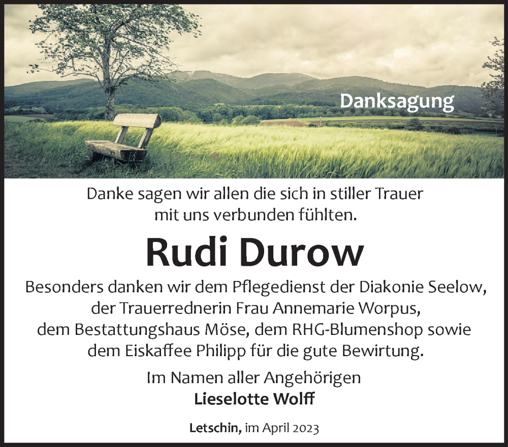  Traueranzeige für Rudi Durow vom 15.04.2023 aus Märkische Oderzeitung