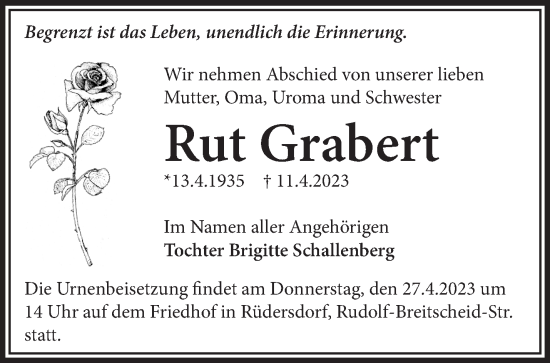 Traueranzeige von Rut Grabert von Märkische Oderzeitung