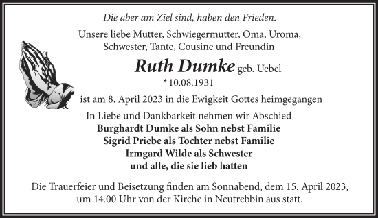 Traueranzeige von Ruth Dumke von Märkische Oderzeitung