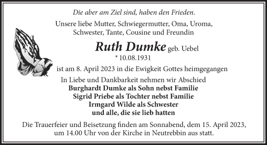 Traueranzeige von Ruth Dumke von Märkische Oderzeitung