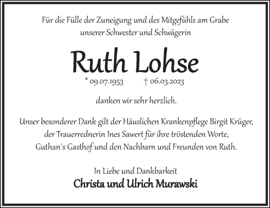 Traueranzeige von Ruth Lohse von Märkische Oderzeitung