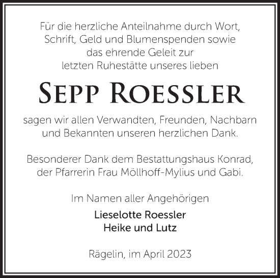 Traueranzeige von Sepp Roessler von Märkische Oderzeitung