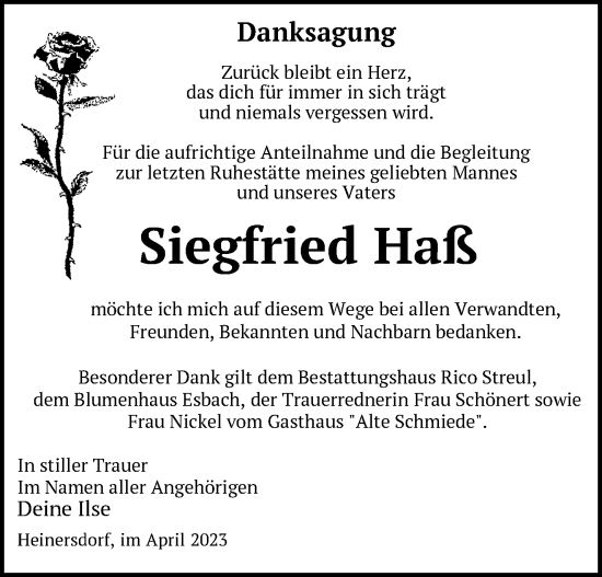 Traueranzeige von Siegfried Haß von Märkische Oderzeitung