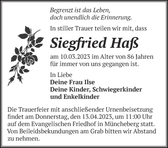 Traueranzeige von Siegfried Haß von Märkische Oderzeitung