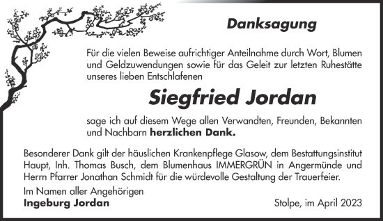 Traueranzeige von Siegfried Jordan von Märkische Oderzeitung