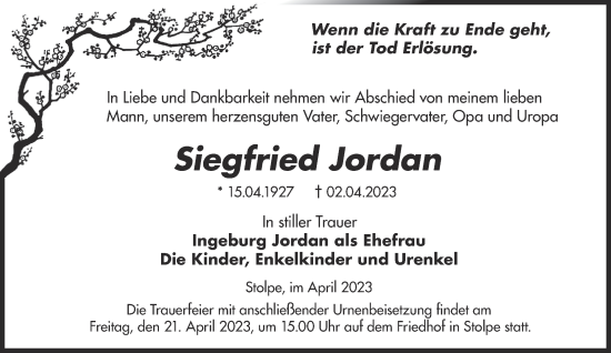 Traueranzeige von Siegfried Jordan von Märkische Oderzeitung