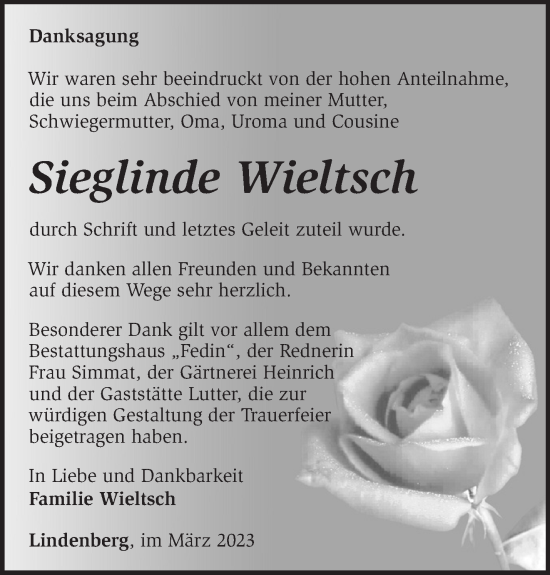 Traueranzeige von Sieglinde Wieltsch von Märkische Oderzeitung