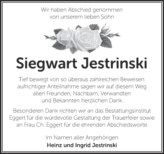 Traueranzeige von Siegwart Jestrinski von Märkische Oderzeitung