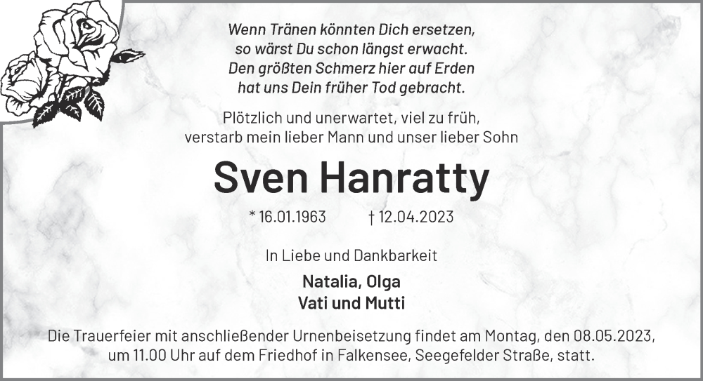  Traueranzeige für Sven Hanratty vom 30.04.2023 aus Märkische Oderzeitung