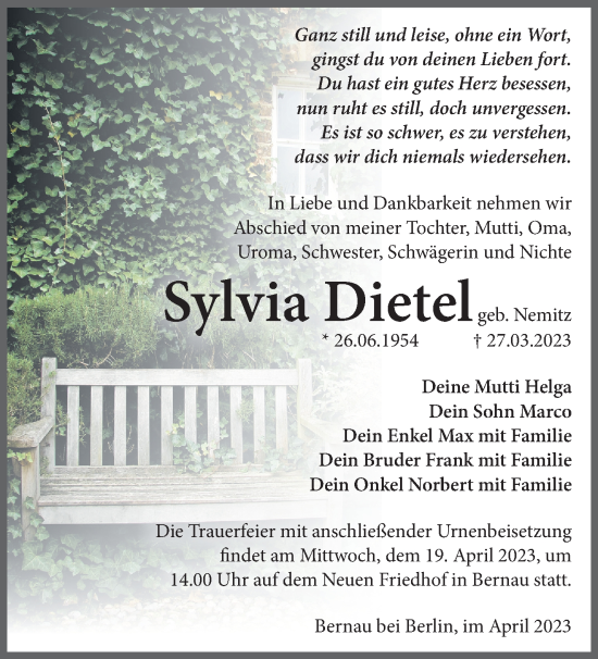 Traueranzeige von Sylvia Dietel von Märkische Oderzeitung