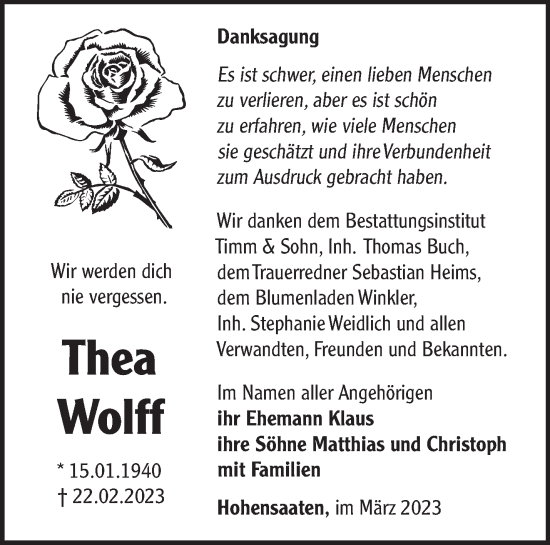 Traueranzeige von Thea Wolff von Märkische Oderzeitung