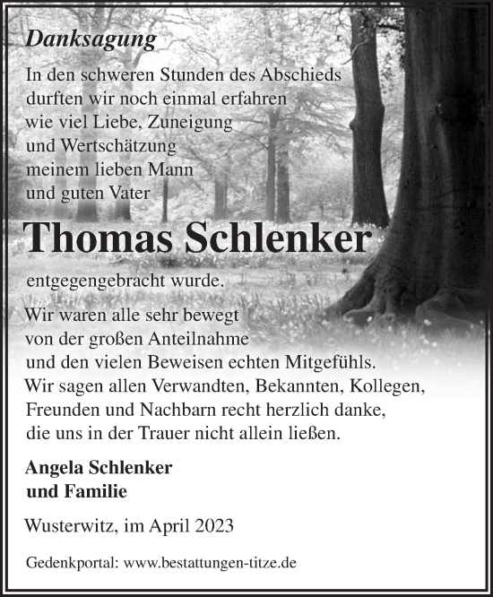 Traueranzeige von Thomas Schlenker von Märkische Oderzeitung