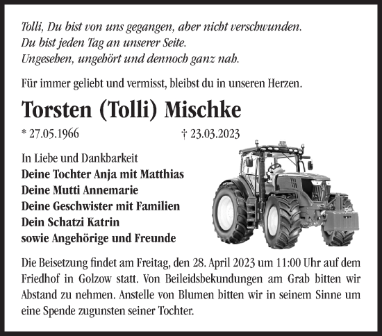 Traueranzeige von Torsten Mischke von Märkische Oderzeitung