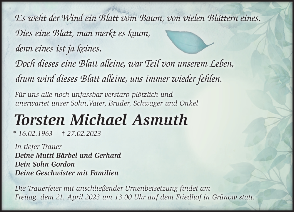  Traueranzeige für Torsten Michael Asmuth vom 09.04.2023 aus Märkische Oderzeitung