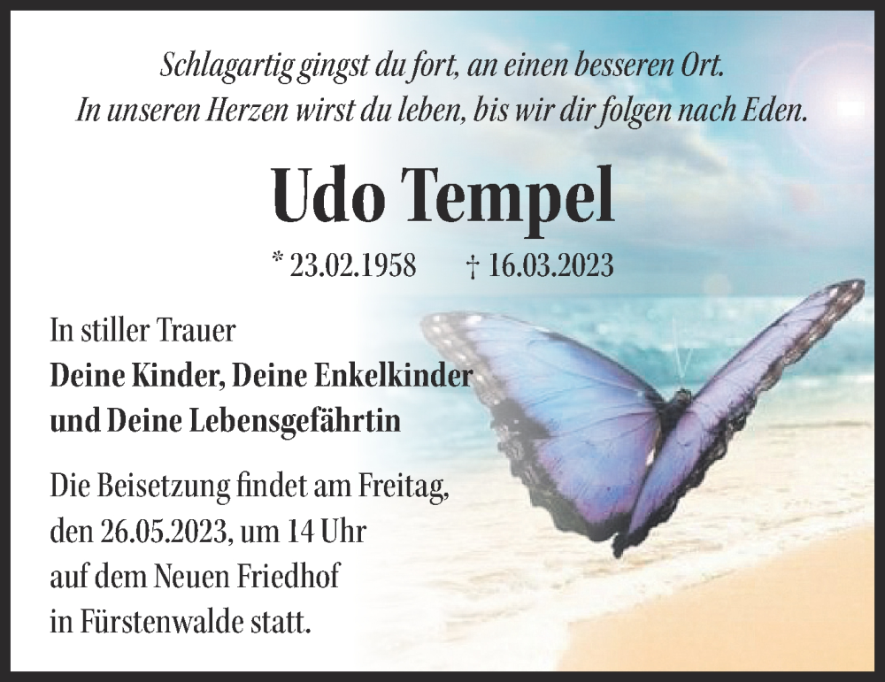  Traueranzeige für Udo Tempel vom 30.04.2023 aus Märkische Oderzeitung