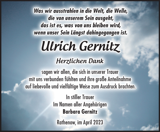 Traueranzeige von Ulrich Gernitz von Märkische Oderzeitung