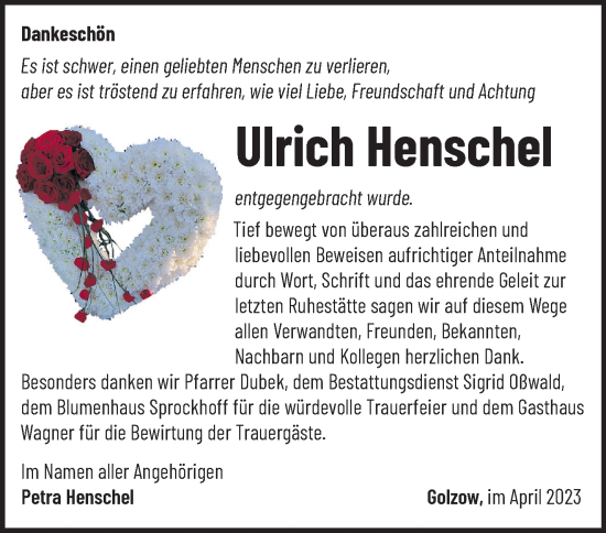 Traueranzeige von Ulrich Henschel von Märkische Oderzeitung