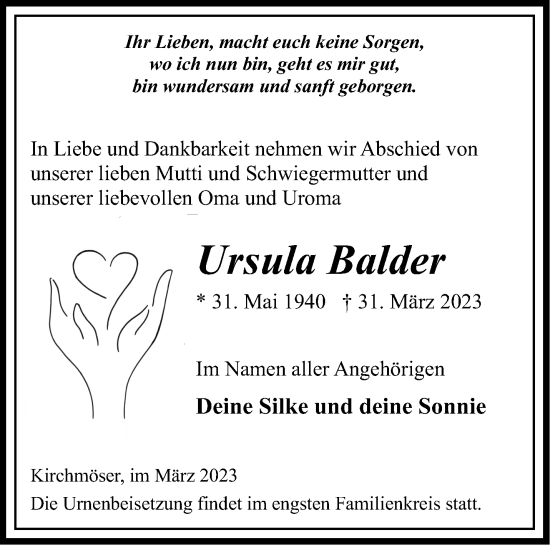 Traueranzeige von Ursula Balder von Märkische Oderzeitung