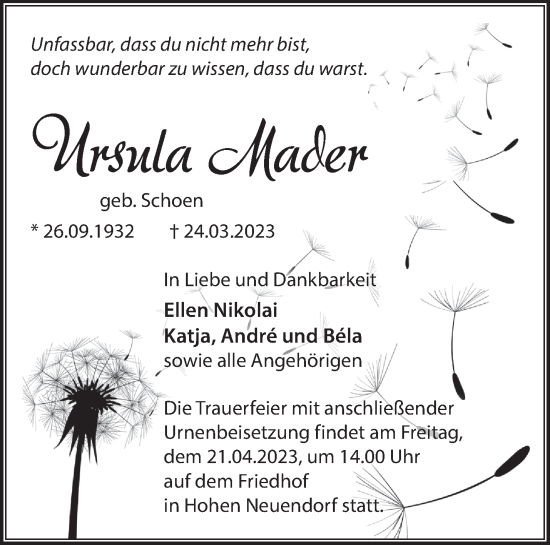 Traueranzeige von Ursula Mader von Märkische Oderzeitung