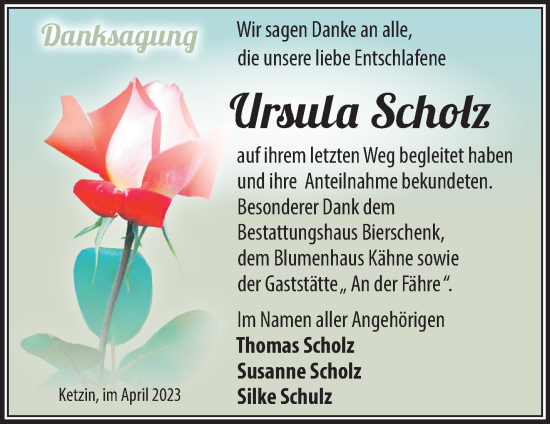 Traueranzeige von Ursula Scholz von Märkische Oderzeitung