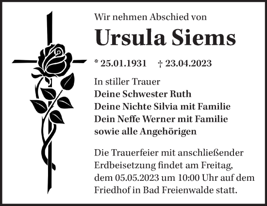 Traueranzeige von Ursula Siems von Märkische Oderzeitung