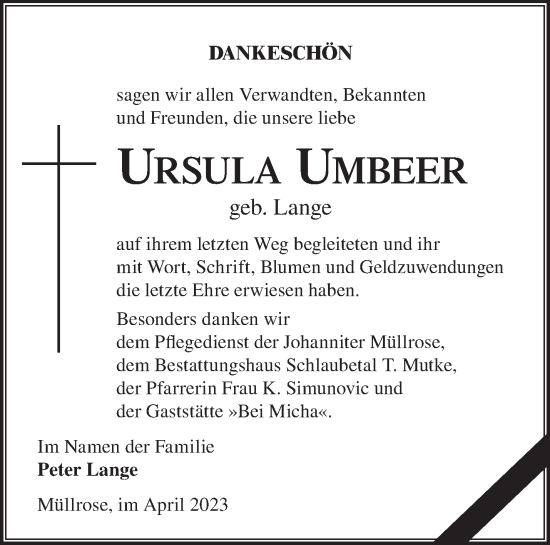 Traueranzeige von Ursula Umbeer von Märkische Oderzeitung