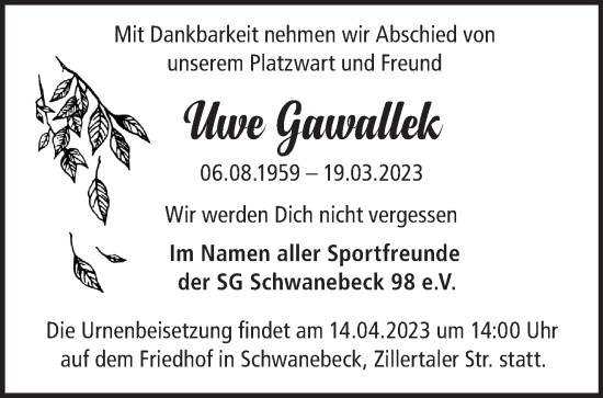 Traueranzeige von Uwe Gawallek von Märkische Oderzeitung