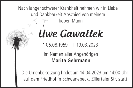 Traueranzeige von Uwe Gawatlek von Märkische Oderzeitung