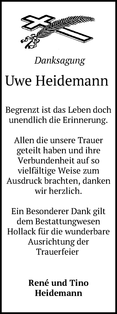 Traueranzeige von Uwe Heidemann von Märkische Oderzeitung