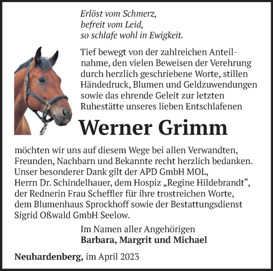 Traueranzeige von Werner Grimm von Märkische Oderzeitung