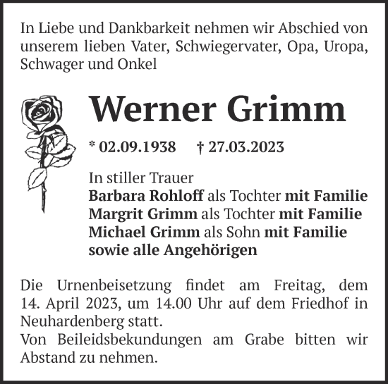 Traueranzeige von Werner Grimm von Märkische Oderzeitung