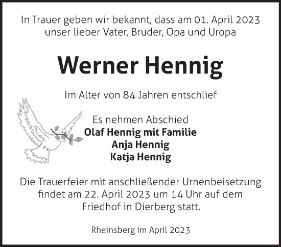 Traueranzeige von Werner Hennig von Märkische Oderzeitung