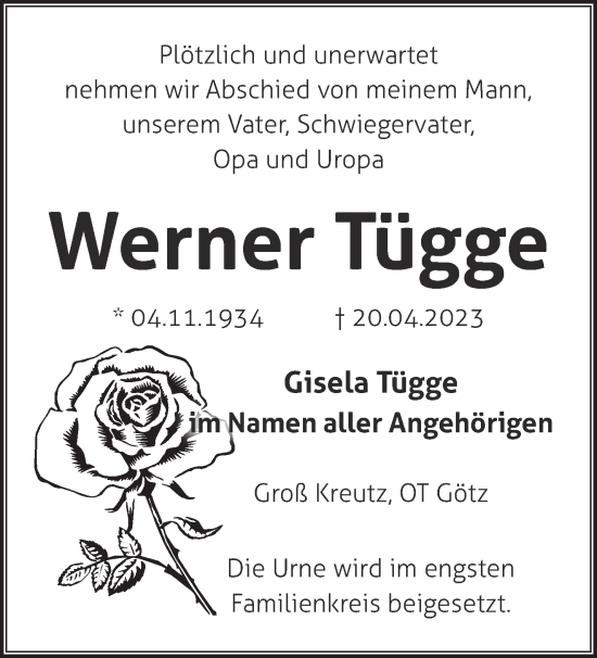 Traueranzeige von Werner Tügge von Märkische Oderzeitung