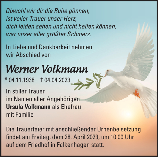 Traueranzeige von Werner Volkmann von Märkische Oderzeitung