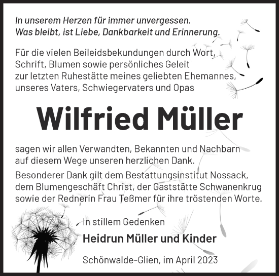 Traueranzeige von Wilfried Müller von Märkische Oderzeitung