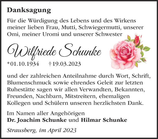 Traueranzeige von Wilfriede Schunke von Märkische Oderzeitung