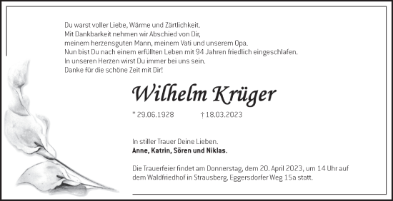 Traueranzeige von Wilhelm Krüger von Märkische Oderzeitung