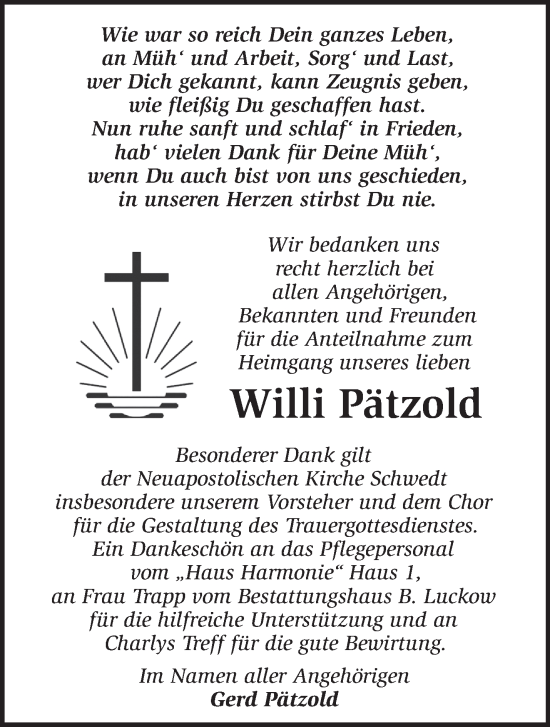 Traueranzeige von Willi Pätzold von Märkische Oderzeitung