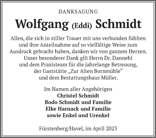 Traueranzeige von Wolfgang Schmidt von Märkische Oderzeitung