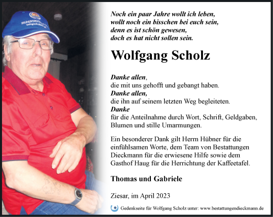 Traueranzeige von Wolfgang Scholz von Märkische Oderzeitung