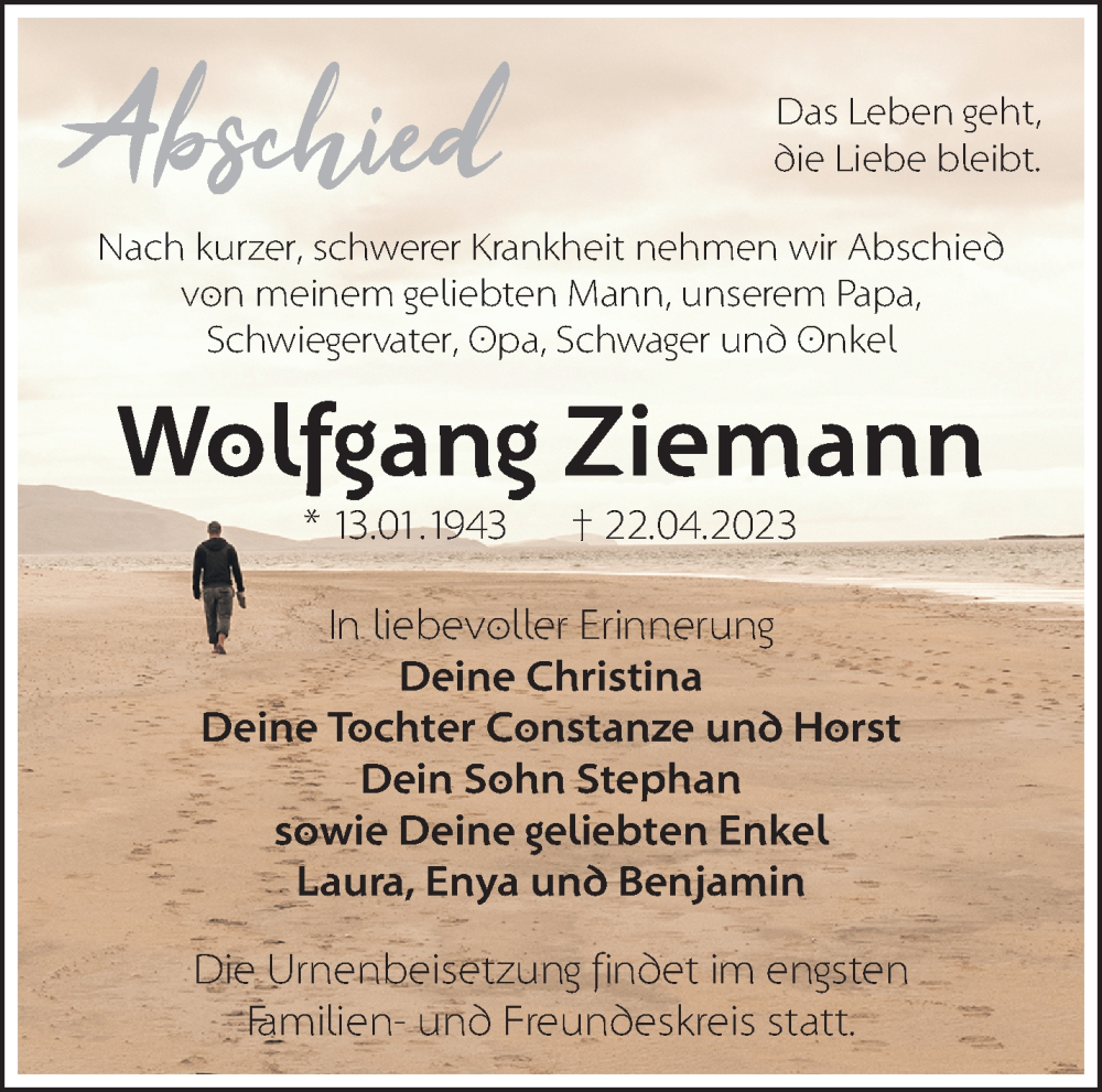  Traueranzeige für Wolfgang Ziemann vom 29.04.2023 aus Märkische Oderzeitung