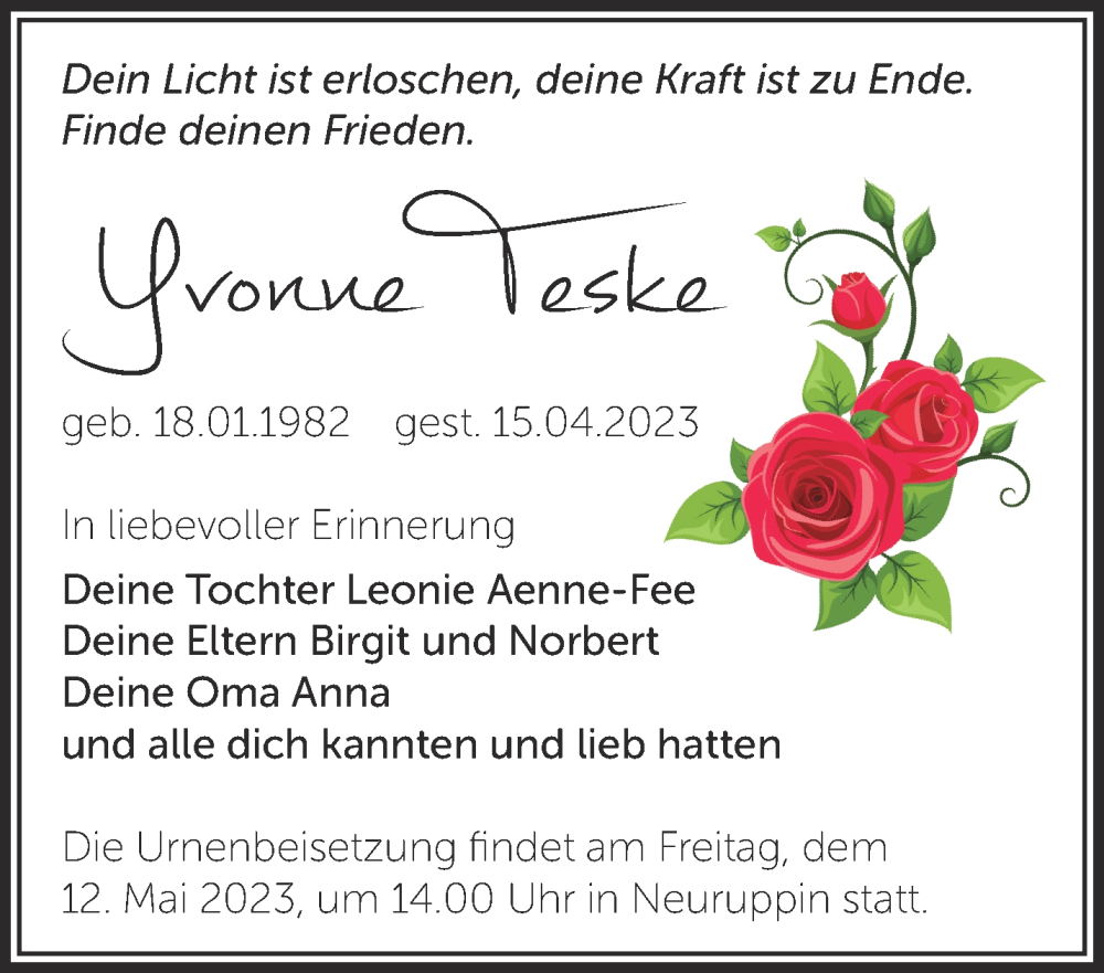  Traueranzeige für Yvonne Teske vom 29.04.2023 aus Märkische Oderzeitung