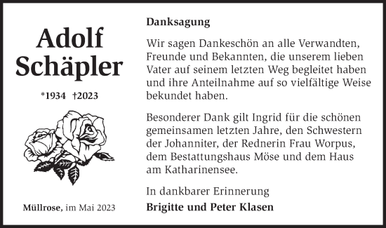 Traueranzeige von Adolf Schäpler von Märkische Oderzeitung