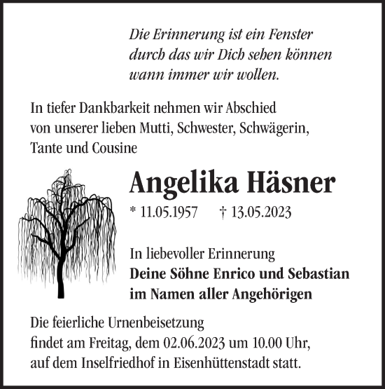 Traueranzeige von Angelika Häsner von Märkische Oderzeitung