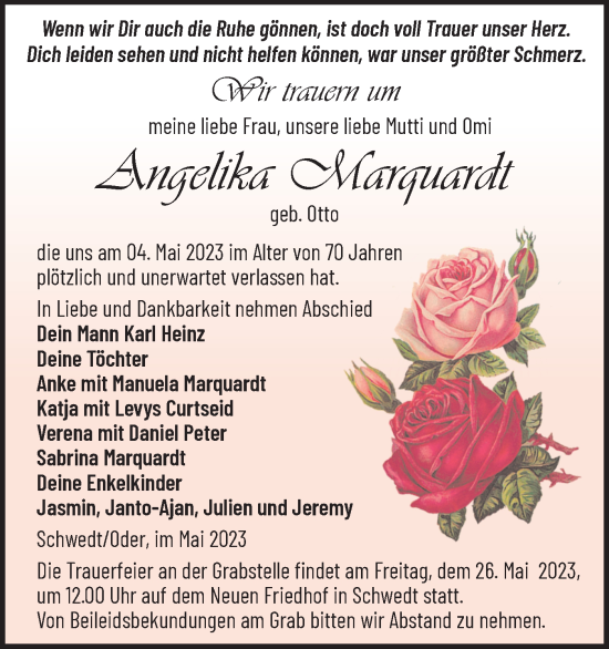 Traueranzeige von Angelika Marquardt von Märkische Oderzeitung